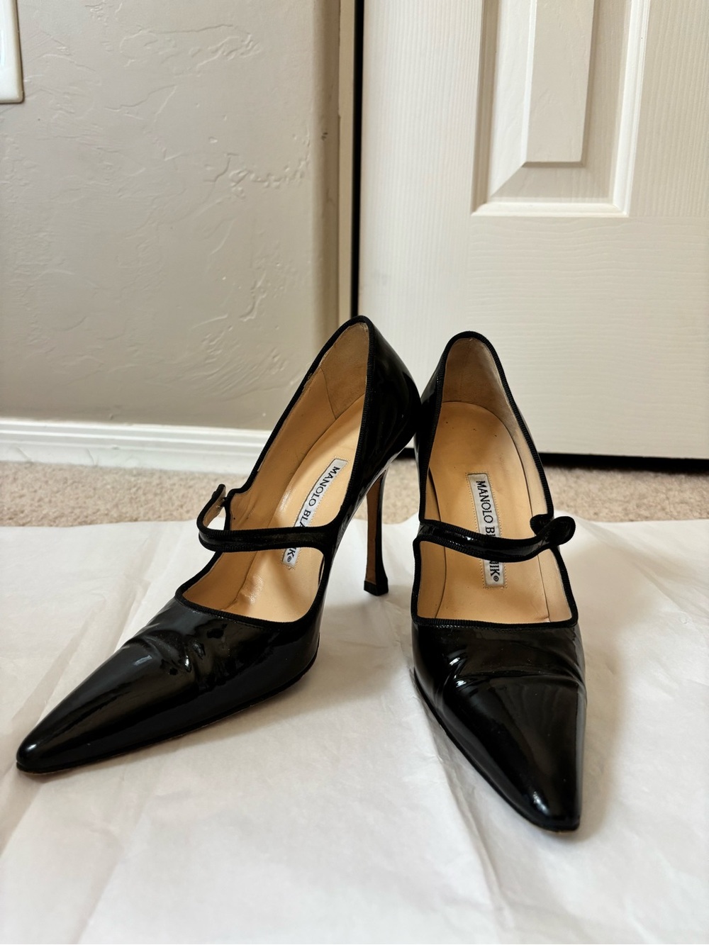 Manolo Blahnik Black Patent Mary Jane Pointed-Toe Stilettos